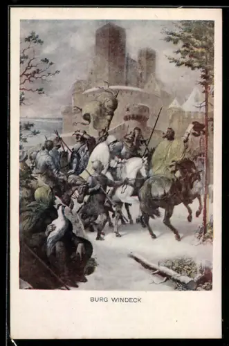 Künstler-AK sign. F. I. Götzenberger: Schwarzwaldsagen, Gerüstete Soldaten bei Burg Windeck, Sage