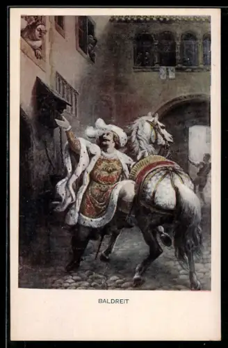 Künstler-AK sign. F. I. Götzenberger: Schwarzwaldsagen, Baldreit, Eleganter Mann mit weissem Pferd, Sage