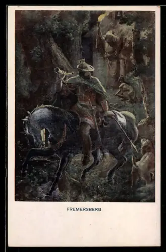 Künstler-AK sign. F. I. Götzenberger: Schwarzwaldsagen, Fremersberg, Berittener und bewaffneter Mann mit Horn, Sage