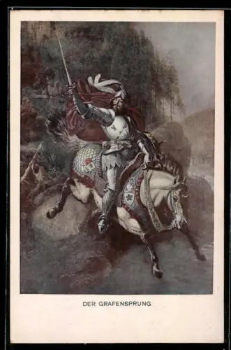 Künstler-AK sign. F. I. Götzenberger: Schwarzwaldsagen, Der Grafensprung, Ritter mit erhobenem Schwert zu Pferde, Sage