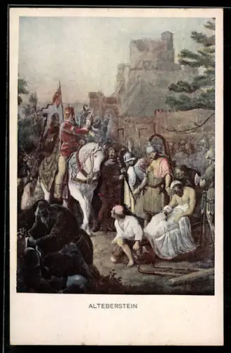 Künstler-AK sign. F. I. Götzenberger: Schwarzwaldsagen, Alteberstein, Berittener Monarch zeigt auf Verwundeten, Sage