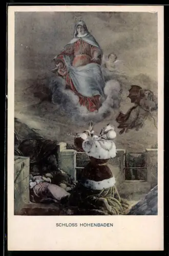 Künstler-AK sign. F. I. Götzenberger: Schwarzwaldsagen, Schloss Hohenbaden, Frau betet zu einer Heiligen, Sage