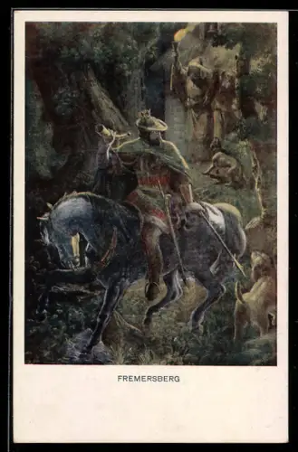 Künstler-AK sign. F. I. Götzenberger: Schwarzwaldsagen, Fremersberg, Berittener Mann mit Horn, Sage