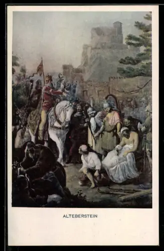Künstler-AK sign. F. I. Götzenberger: Schwarzwaldsagen, Alteberstein, Berittener Monarch zeigt auf Verwundeten, Sage