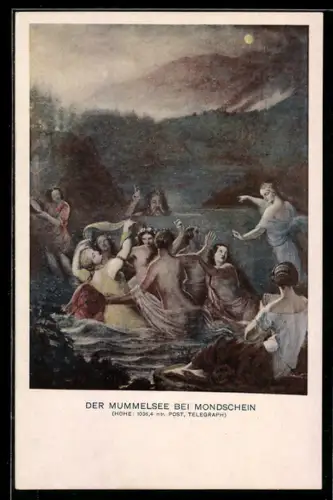 Künstler-AK sign. F. I. Götzenberger: Schwarzwaldsagen, Der Mummelsee bei Mondschein mit Nymphen, Sage