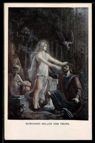 Künstler-AK sign. F. I. Götzenberger: Schwarzwaldsagen, Burkhard Keller von Yburg, Mann kniet vor einer Frau, Sage