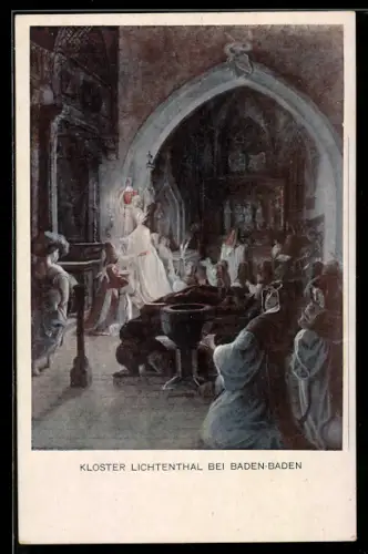Künstler-AK sign. F. I. Götzenberger: Schwarzwaldsagen, Kloster Lichtenthal bei Baden-Baden, Mess-Szene, Sage