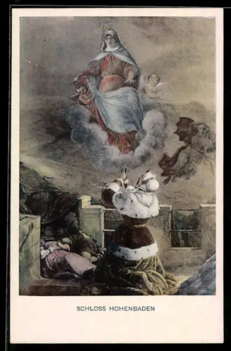 Künstler-AK sign. F. I. Götzenberger: Schwarzwaldsagen, Schloss Hohenbaden, Frau betet auf Knien zu einer Heiligen, Sage