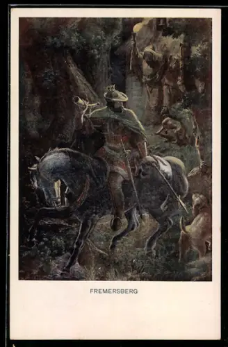 Künstler-AK sign. F. I. Götzenberger: Schwarzwaldsagen, Bewaffneter Mann zu Pferde mit Horn, Sage