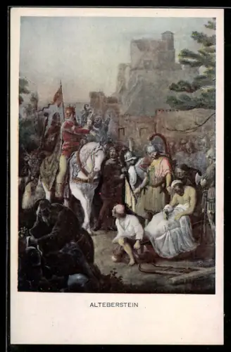 Künstler-AK sign. F. I. Götzenberger: Schwarzwaldsagen, Alteberstein, Berittener Monarch zeigt auf Verwundeten, Sage