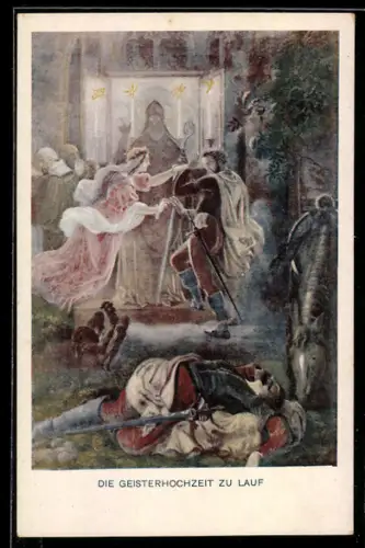 AK Die Geisterhochzeit zu Lauf, Mann liegt tot vor seinem Pferd, im Hintergrund heiratet er, Schwarzwald-Sage