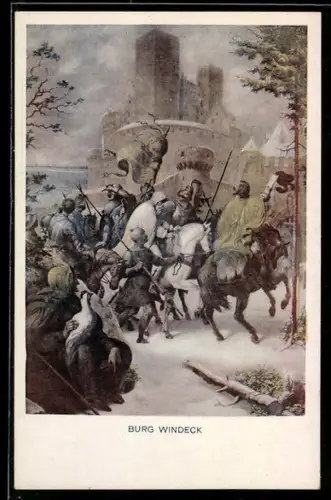 Künstler-AK sign. F. I. Götzenberger: Schwarzwaldsagen, Bewaffnete Soldaten vor der Burg, Sage