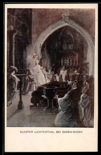 Künstler-AK sign. F. I. Götzenberger: Schwarzwaldsagen, Kloster Lichtenthal bei Baden-Baden, Mess-Szene, Sage
