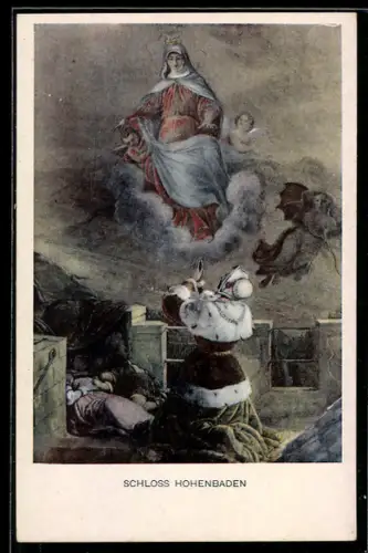 Künstler-AK sign. F. I. Götzenberger: Schwarzwaldsagen, Schloss Hohenbaden, Auf Knien betende Frau, Sage