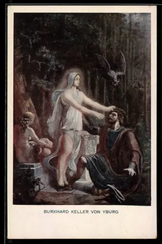 Künstler-AK sign. F. I. Götzenberger: Schwarzwaldsagen, Burkhard Keller von Yburg, Mann kniet vor einer Frau, Sage