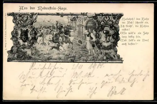 AK Szene aus der Bodenstein-Sage, Berittene Gesellschaft erreicht einen Ort