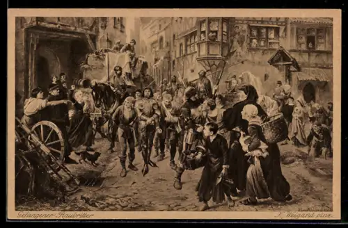 Künstler-AK sign. Konrad Weigand, Gefangener Raubritter wird durch die Strassen geführt, Sage