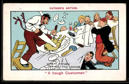 AK Mann verzweifelt daran, eine Gans bei Tisch zu zersägen