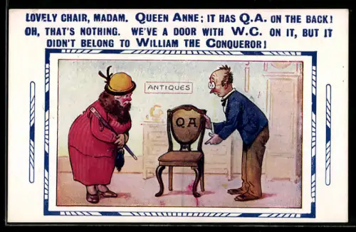 AK Elegante Frau steht vor einem antiken Stuhl, scherzhafte Überschrift