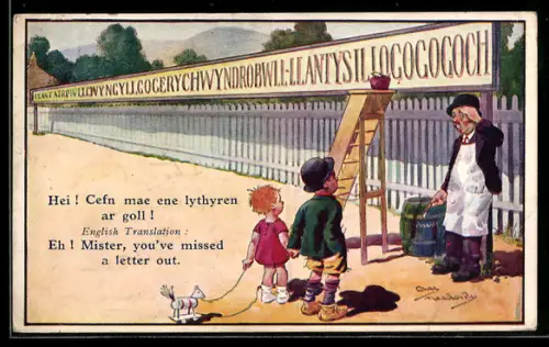 AK Zwei Kinder mit Spielzeug stehen vor einem Maler und einem sehr langen Ortsschild