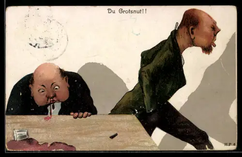 AK Mann mit blutiger Nase sitzt an einem Tisch, ein anderer geht fort