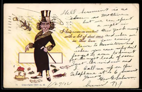 AK Feiner Herr mit Zylinder, auf den Spielsachen und Eier geworfen werden