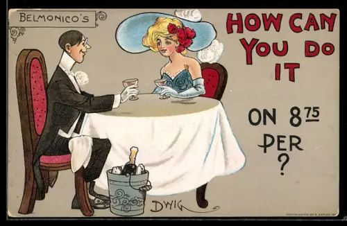 Künstler-AK sign. D. Wig: Elegantes Paar sitzt mit Champagnergläsern an einem Tisch