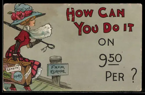 Künstler-AK sign. D. Wig: Schöne Frau mit Hut und Reisegepäck