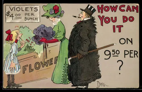 Künstler-AK sign. D. Wig: Elegantes Paar beim Blumenkauf