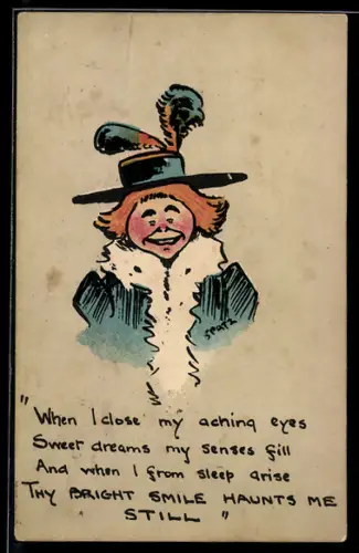AK Person mit Hut und Mantel, Humoristischer Spruch