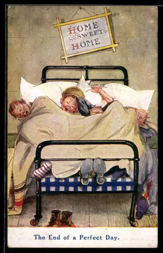 AK Familie liegt erschöpft in einem kleinen Bett