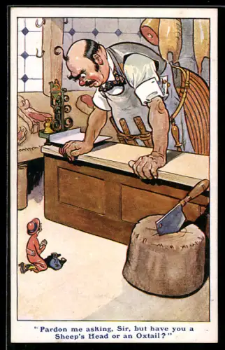 AK Winzige Frau kniet vor einem Metzger