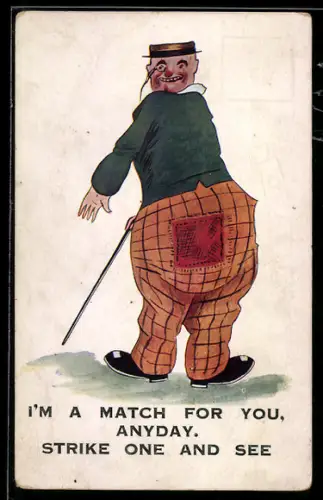 AK Mann mit Monokel und Gehstock mit Flicken in seiner Hose