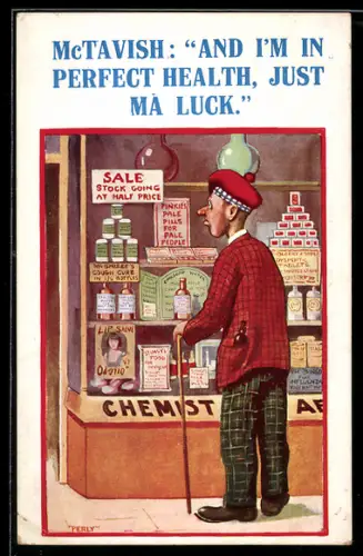Künstler-AK sign. Perly: Mann steht vor dem Schaufenster einer Apotheke