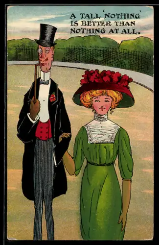 AK Schöne Frau neben einem schmalen, hochgewachsenen Mann mit Zylinder