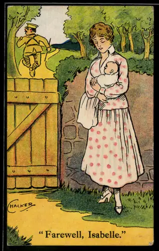 AK Soldat in Uniform rennt vor einer hübschen Frau mit Kleinkind weg