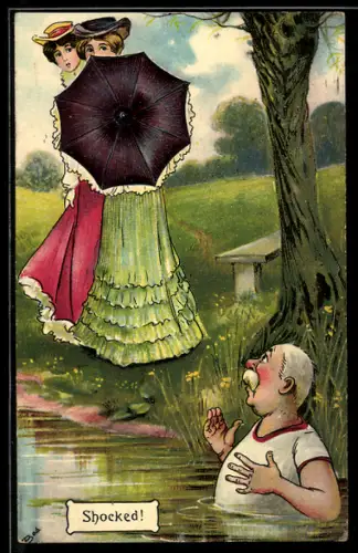 AK Zwei hübsche Frauen schirmen sich vor dem Blick eines badenden alten Mannes ab