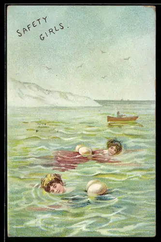 AK Zwei Frauen im Meer mit Ballons zur Sicherheit vor dem Ertrinken