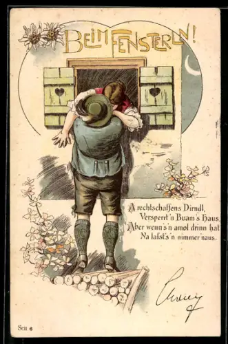 AK Mann in Tracht küsst eine Frau beim Fensterln