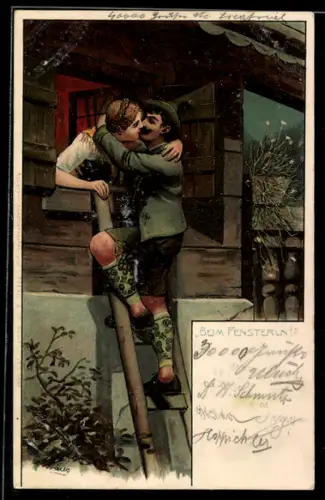 AK Paar küsst sich beim Fensterln
