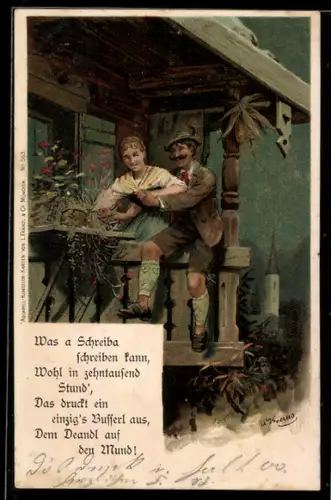 AK Mann in Tracht umarmt eine Frau beim Fensterln