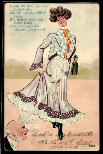 AK Attraktive Frau spritzt Selters auf einen glatzköpfigen Mann