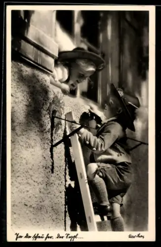 AK Zwei Kinder beim Fensterln