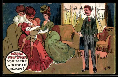 AK Mann beobachtet neidisch einen kleinen Jungen, der von schönen Frauen umsorgt wird