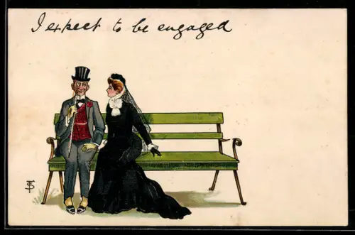 AK Attraktive Frau sitzt neben einem Mann mit Zylinder auf einer Bank