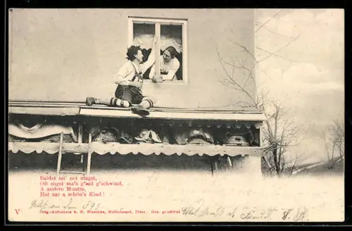 AK Mann in Tracht beim Fensterln mit einer Frau