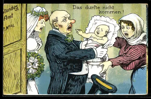 AK Wütendes Ehepaar wird mit einem Kind überrascht