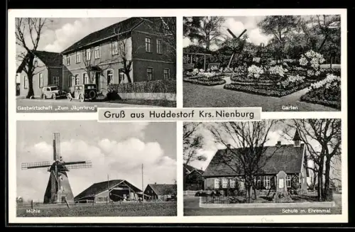 AK Huddestorf /Kr. Nienburg, Gasthaus Zum Jägerkrug, Schule mit Ehrenmal, Mühle