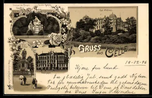 Lithographie Celle, Kgl. Schloss, Töchterschule, Denkmal der Königin