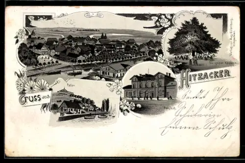 Lithographie Hitzacker, Gesamtansicht, Hafen, Bahnhof & grosse Kastanie
